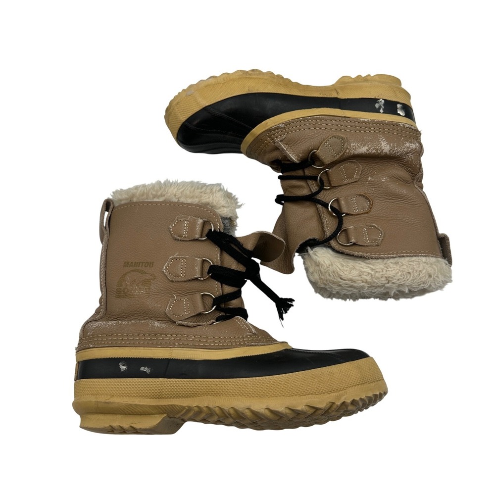 Sorel Manitou Snow Winter Boots Tan‎ Brown Leather Wool Blend Kids Size 7